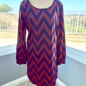 Chevron Burnt Orange & Navy Silk Dress-Size L